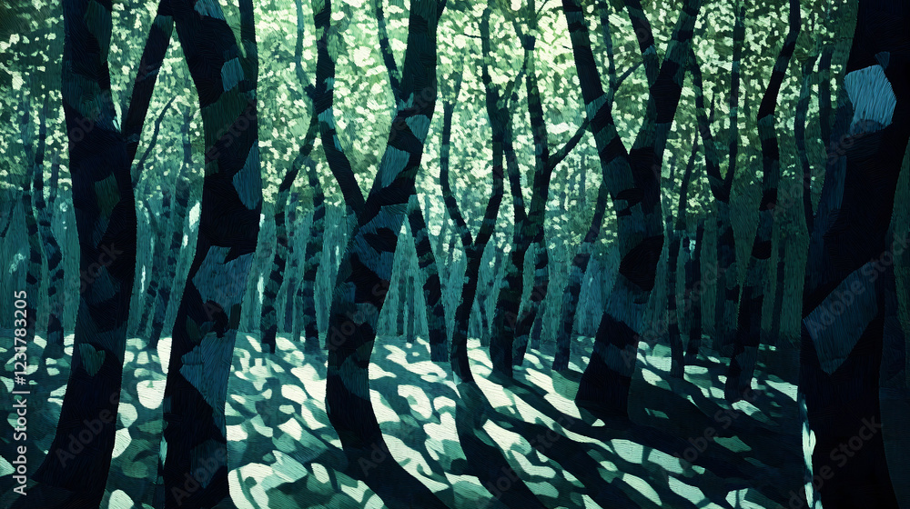 Poster dense forest filled with geometric tree trunks casting intriguing shadows under bright sunlight. gen
