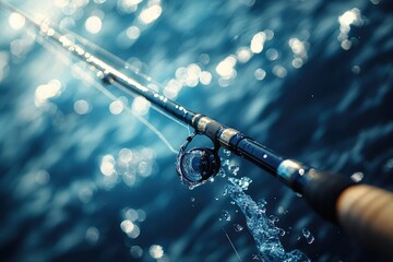 A fishing rod bending with tension as a fish pulls on the line, creating intense focus and motion.