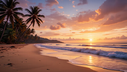 Obraz premium Spectacular Beach Sunset Painting with Palm Trees and Calming Waves in the Foreground.
