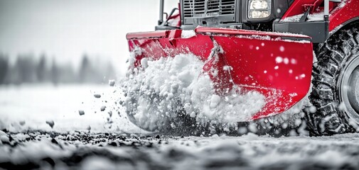 A red plow truck is plowing snow