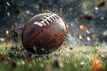 A football caught mid-dive, surrounded by flying grass and dirt, showcasing the intensity of the catch.