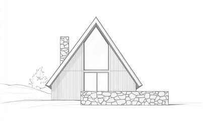 Architectural Sketch of A Frame House with Stone Wall