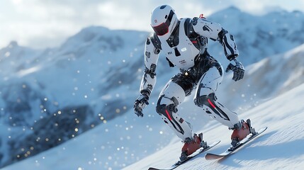 A futuristic robot skiing down a snowy slope in a high-tech winter suit.