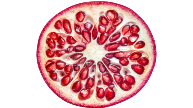 Juicy pomegranate slice showing seeds and white pulp on transparent background