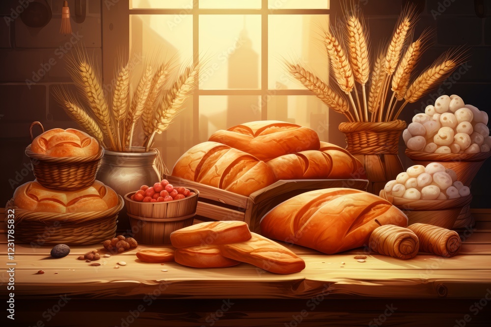 Poster warm sunlight illuminates a delightful array of freshly baked goods, creating a cozy and inviting at