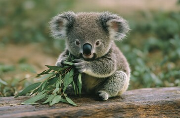 A baby koala is holding a leaf in its mouth