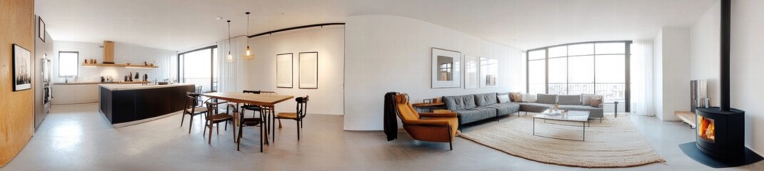 A 360 degree view of a modern living room with a fireplace