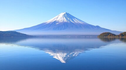 Fototapeta premium Majestic Snow Capped Fuji Mountain Reflected in Calm Blue Lake