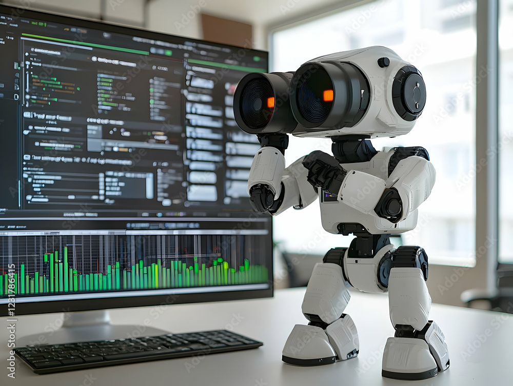 Poster robot analyst reviewing data on computer