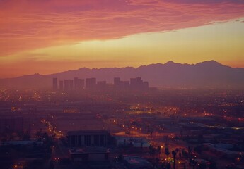 Obraz premium A city skyline at sunset with a mountain range in the background