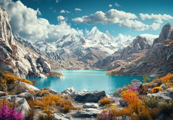 A mountain range with a large body of water in the foreground