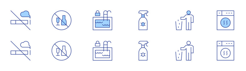 Hotel Management icon set in two styles, Duotone and Thin Line style. Editable stroke. pest service roaches bed bugs, put trash in dumpster, smoke free, drinking alcohol in public