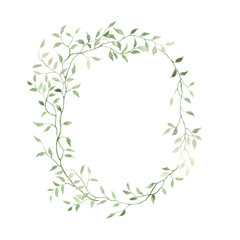 Green frame of delicate abstract intertwined branches with green leaves, isolated illustration watercolor wreath for your text, invitation or greeting cards, cover or nature background.