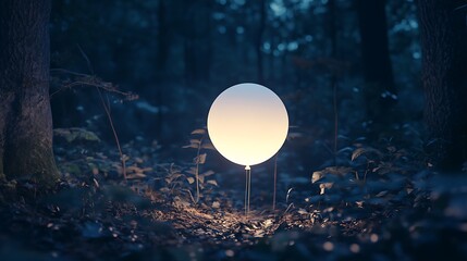 A glowing white balloon hovering in a dimly lit forest at night.