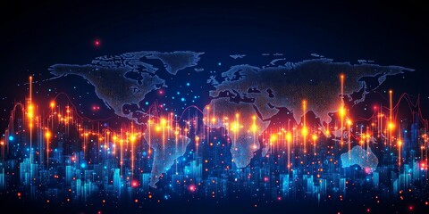 Fototapeta premium Global Stock Market Data Visualization, Financial Chart with World Map, Blue and Orange Candlesticks