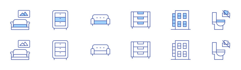 Hotel Management icon set in two styles, Duotone and Thin Line style. Editable stroke. wipes down toilet, couch, dresser, apt home