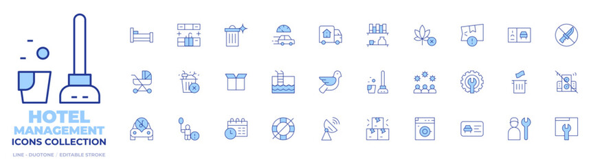 Hotel Management icons collection. Line Duotone style, editable stroke. put trash in dumpster, parking pass sticker, loud boom box, washerdryer, work order, community manager