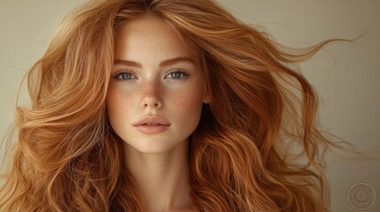Obraz premium Close up portrait of a woman with flowing red hair and freckled skin