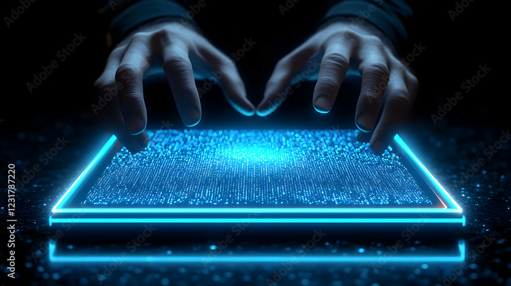 Poster hands interact with digital data; glowing interface