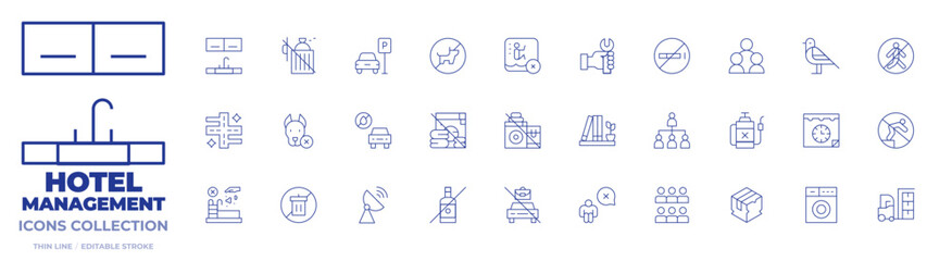 Hotel Management icons collection. Thin Line icons, editable stroke. kitchen sink, overfill dumpster, parking lot, pet free, apartment building walkway