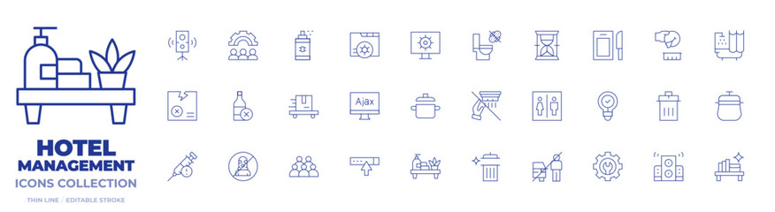 Hotel Management icons collection. Thin Line icons, editable stroke. long time, toilet, feminie products down toilet, work order, empty pot, remove smoke alarm, ajax