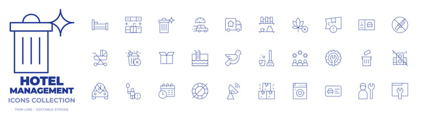 Hotel Management icons collection. Thin Line icons, editable stroke. overfill dumpster, cardboard box flattened, stroller, caution children at play, loud music from car, book an appt