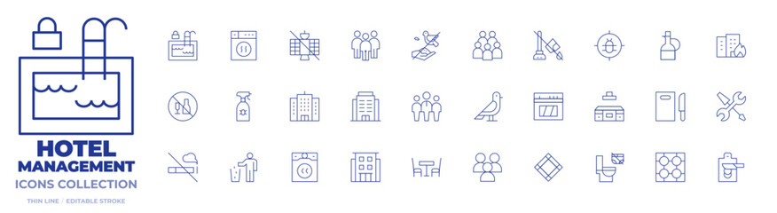 Hotel Management icons collection. Thin Line icons, editable stroke. pest service roaches bed bugs, put trash in dumpster, dining chair, guests, clean dryer lint out each load, apt home, office