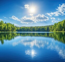 Fototapeta premium A beautiful lake with a bright sun shining on it