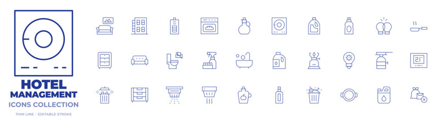 Hotel Management icons collection. Thin Line icons, editable stroke. vinegar, abrasive detergent, wipes down toilet, smoke alarm, put trash in dumpster, couch, dresser, bathtubshower