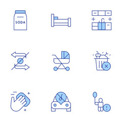 Hotel Management icons set. Line Duotone style, editable stroke. cleaning kitchen counter, overfill dumpster, stroller, non transferrable, caution children at play, loud music from car