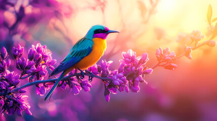 Obraz premium Vibrant bird perched on purple blossoms at sunset,on gradient nature background