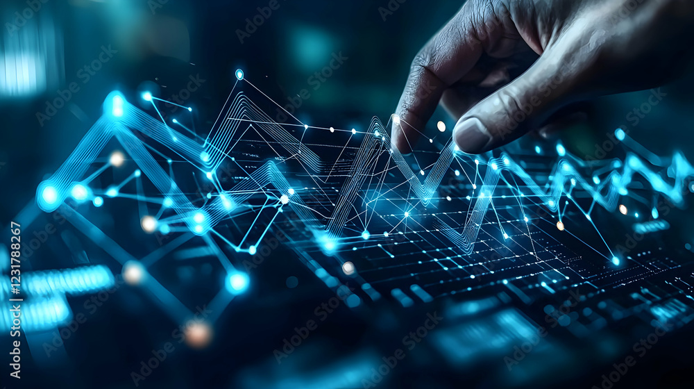 Poster hand analyzing data graphs, futuristic tech