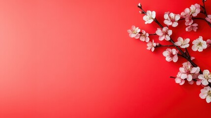 Blossoming Cherry Branch Against Vibrant Red Background