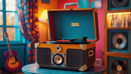 Fototapeta premium Cozy Vintage Record Player in a Colorful Room