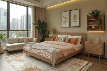 A luxurious modern bedroom with a large bed, white bedding, and cozy lighting from elegant nightstand lamps. The space exudes comfort with a sleek and contemporary design
