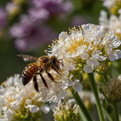 A honeybee collecting nectar from a flower, zoomed in for a detailed view.