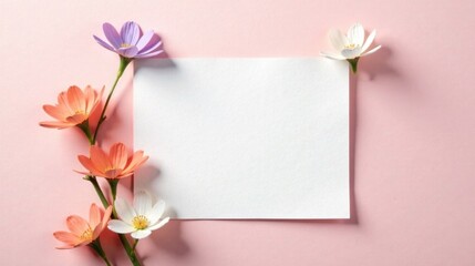 A delicate arrangement of pastel blossoms surrounding a blank notecard, perfect for conveying springtime wishes or heartfelt messages.