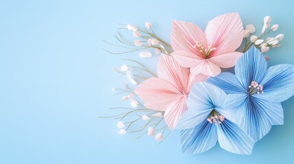 Fototapeta premium Colorful Paper Flower Arrangement Soft Blue Background
