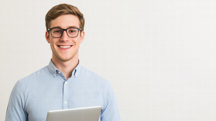 Confident young man in business casual outfit holding laptop