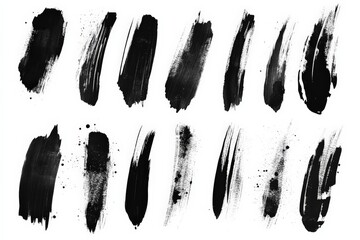 Black paint strokes arranged in various styles showcasing texture and creativity in a minimalist...