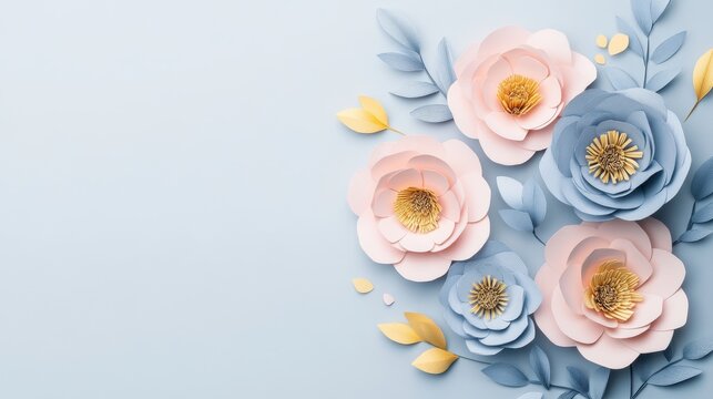 Stylish Paper Flower Arrangement Soft Blue Background Elegant Decor