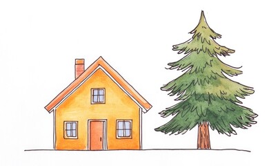 A Yellow House and Tall Evergreen Tree Stand Beside Each Other