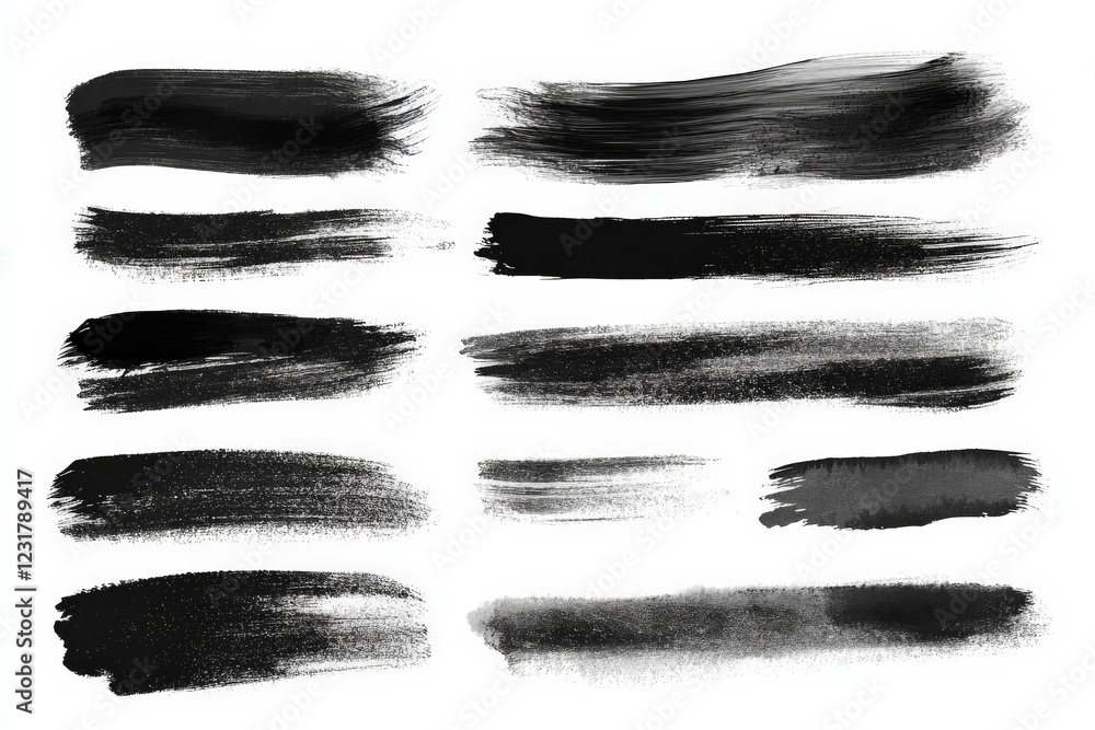 Poster various brush strokes in black and gray showcasing artistic texture and styles on a white background