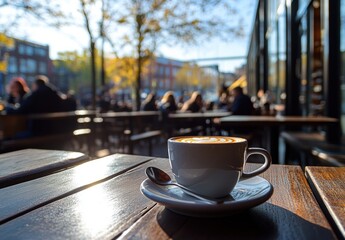 A white coffee cup sits on a wooden table in a cafe