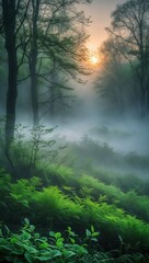 Fototapeta premium Misty Forest at Dawn with Green Ferns and Soft Sunlight