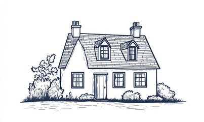 Fototapeta premium Charming Cottage House with Gable Roof and Lush Greenery