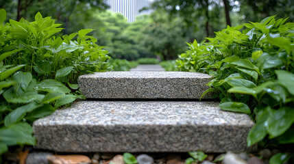 Stone steps in park, lush greenery, city view