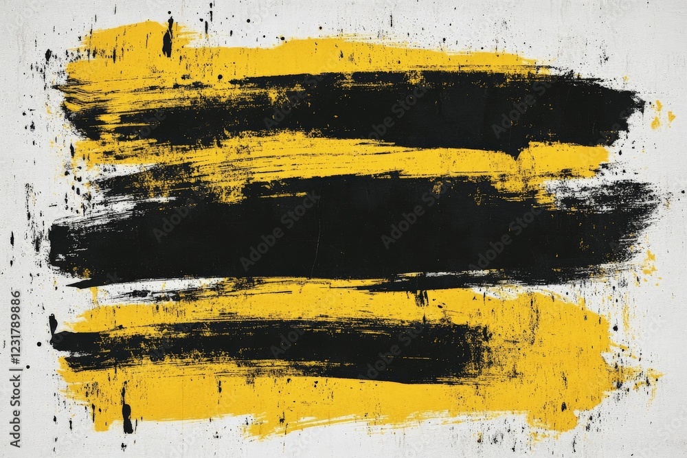 Poster abstract artwork with bold black and yellow brush strokes on a textured white background in an artis