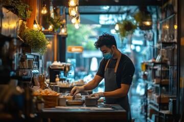 cafe owner cleaning table before open in covid 19 situation