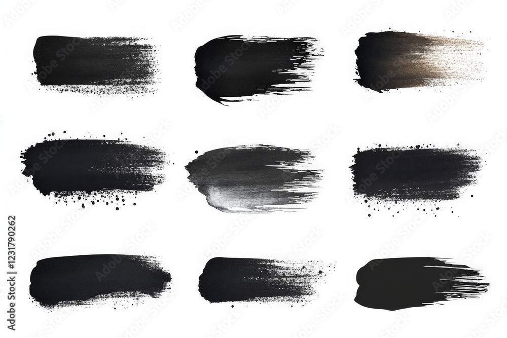 Poster Black paint strokes on a white background showcasing various textures and techniques in artistic expression